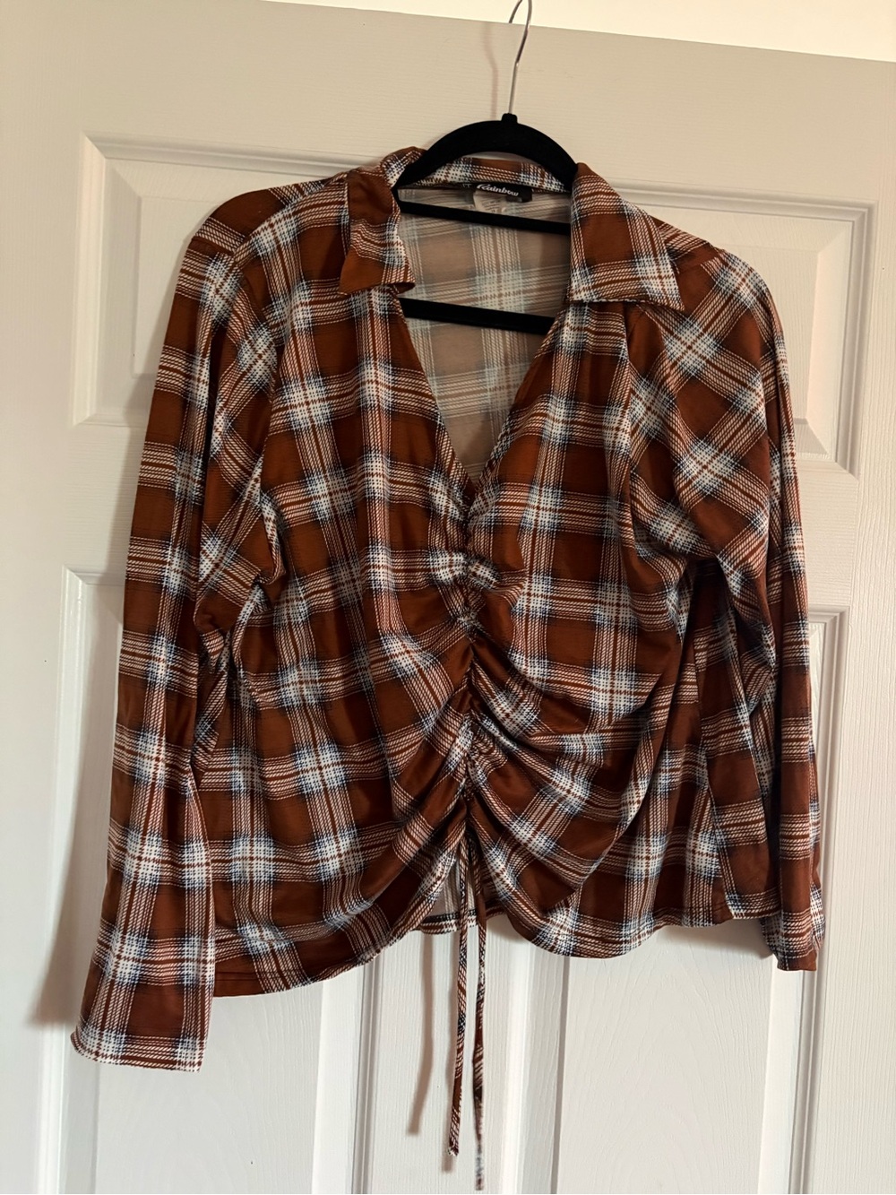 Ruched Front Plaid Long-Sleeve Top - Brown Plaid